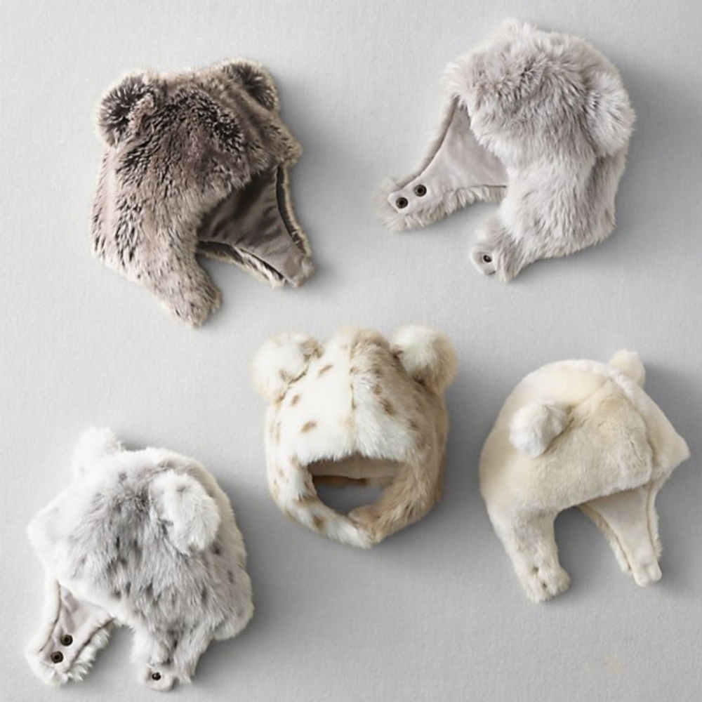 RH LUX FUR Faux grey snow leopard  baby animal hood